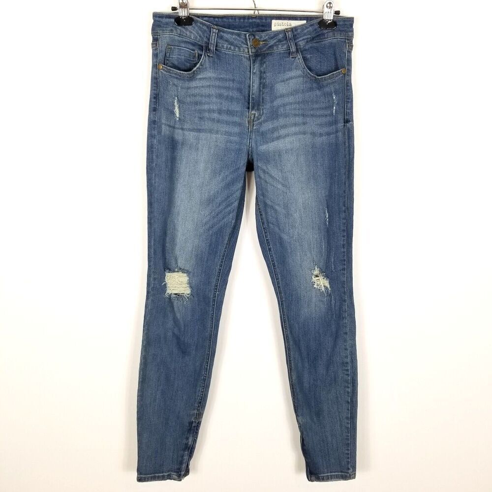 Pistola Women's size‎ 32 Skinny Stretch Blue Jeans Ankle Zippers Distressed